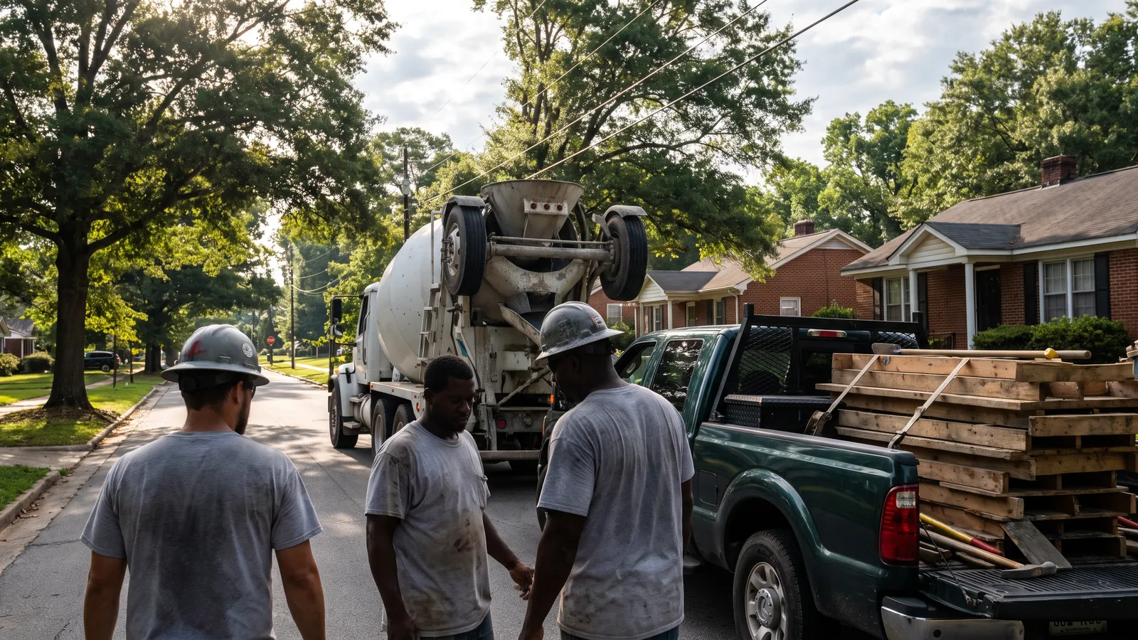 Concrete crew beside a ready-mix truck and a work pickup on a residential street in Greer, South Carolina, with mature hardwoods along the road