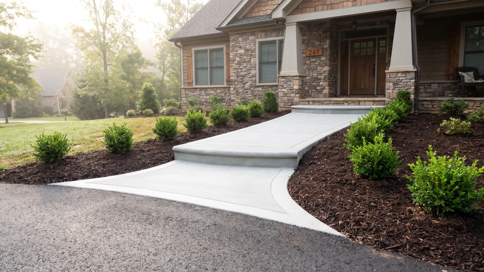 New concrete front walkway and two shallow steps curving to the porch of a craftsman-style home in Taylors, South Carolina