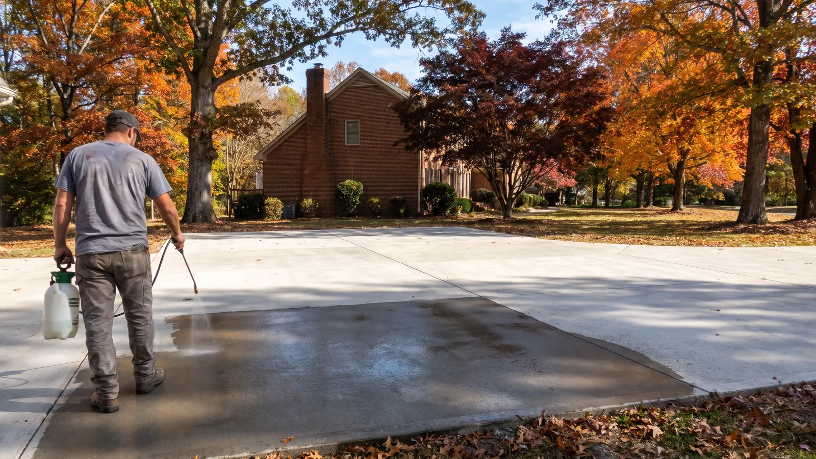 Worker applying penetrating sealer to a clean concrete driveway with a pump sprayer on a clear autumn day, trees turning color behind