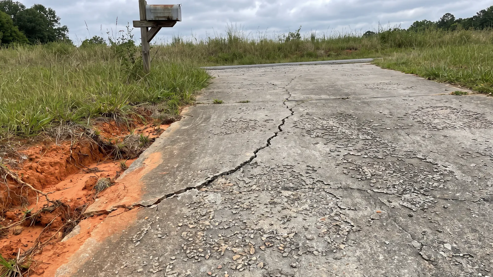 Older concrete driveway with a wide crack, flaking surface and red clay visible where the slab edge has washed out, in the Upstate of South Carolina
