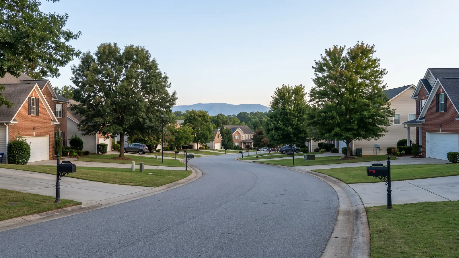 Rolling residential street in Greer, South Carolina with brick and siding homes, concrete driveways and the foothills of the Blue Ridge on the horizon