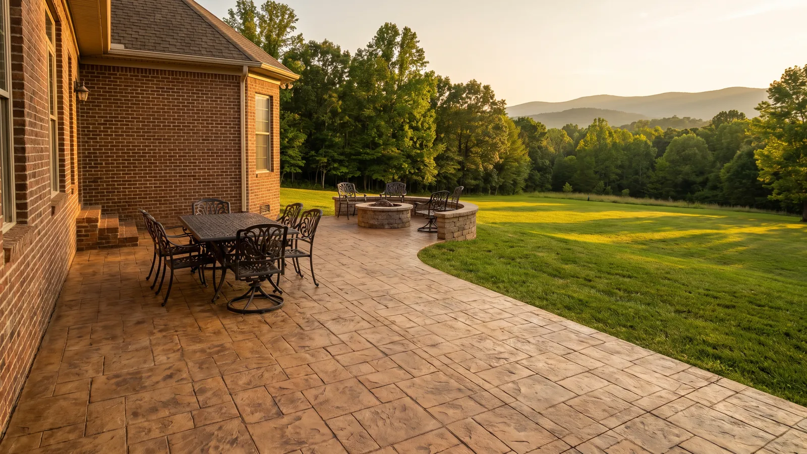 Stamped concrete patio in an ashlar slate pattern behind a Greer home, with patio furniture, a fire pit and the Blue Ridge foothills in the distance