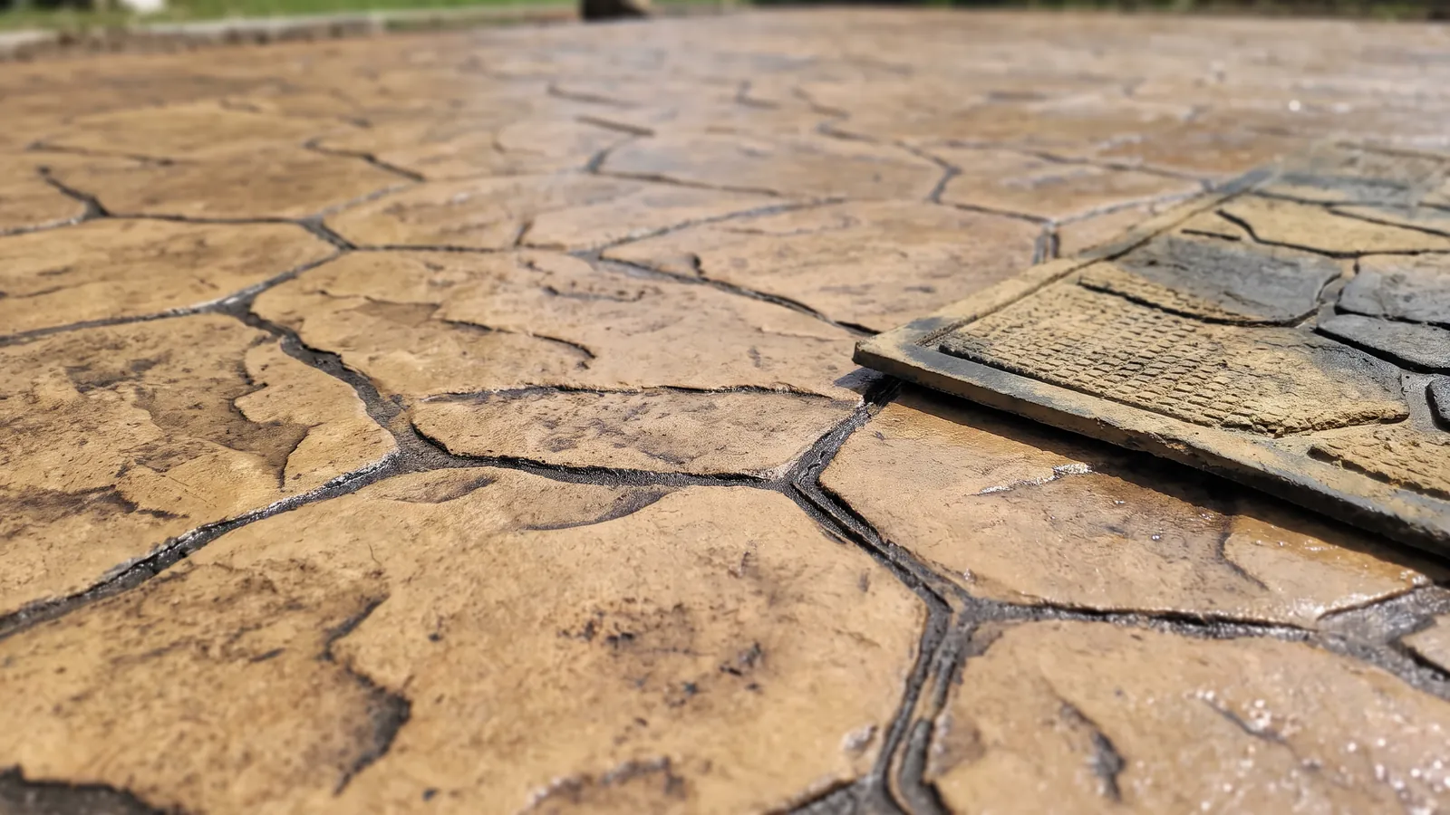 Close-up of a freshly stamped and colored concrete surface showing a textured stone pattern with darker release color in the joints